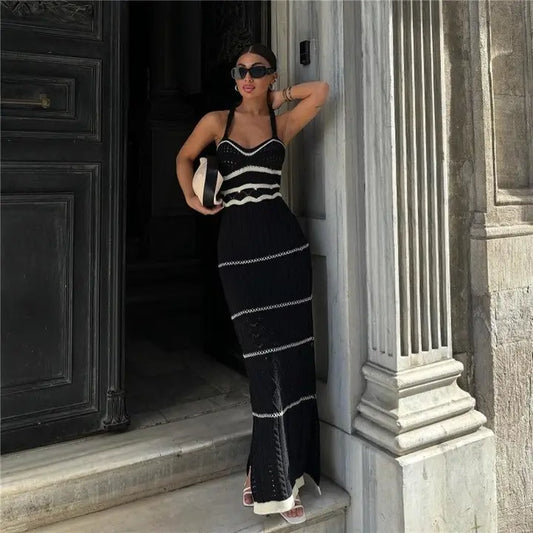 Hollow Knitted Color Block Cami Dress