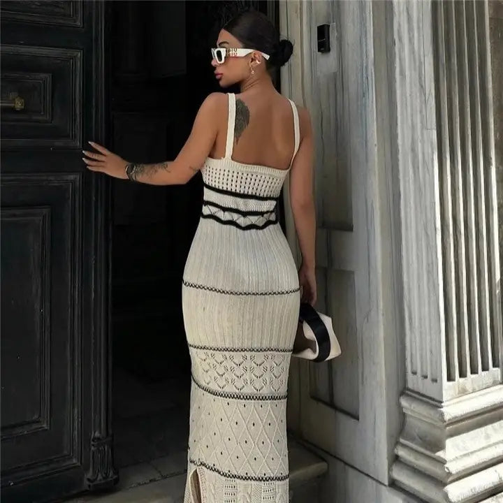 Hollow Knitted Color Block Cami Dress