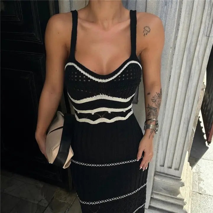 Hollow Knitted Color Block Cami Dress